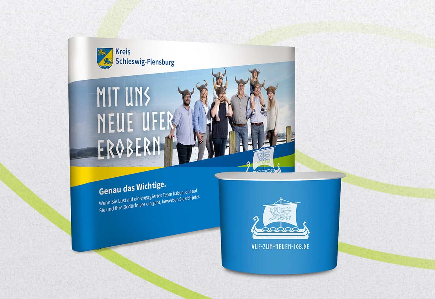 Visualisierung eines Messestands des Kreises Schleswig-Flensburg mit Arbeitgeberkampagne und Infotheke.