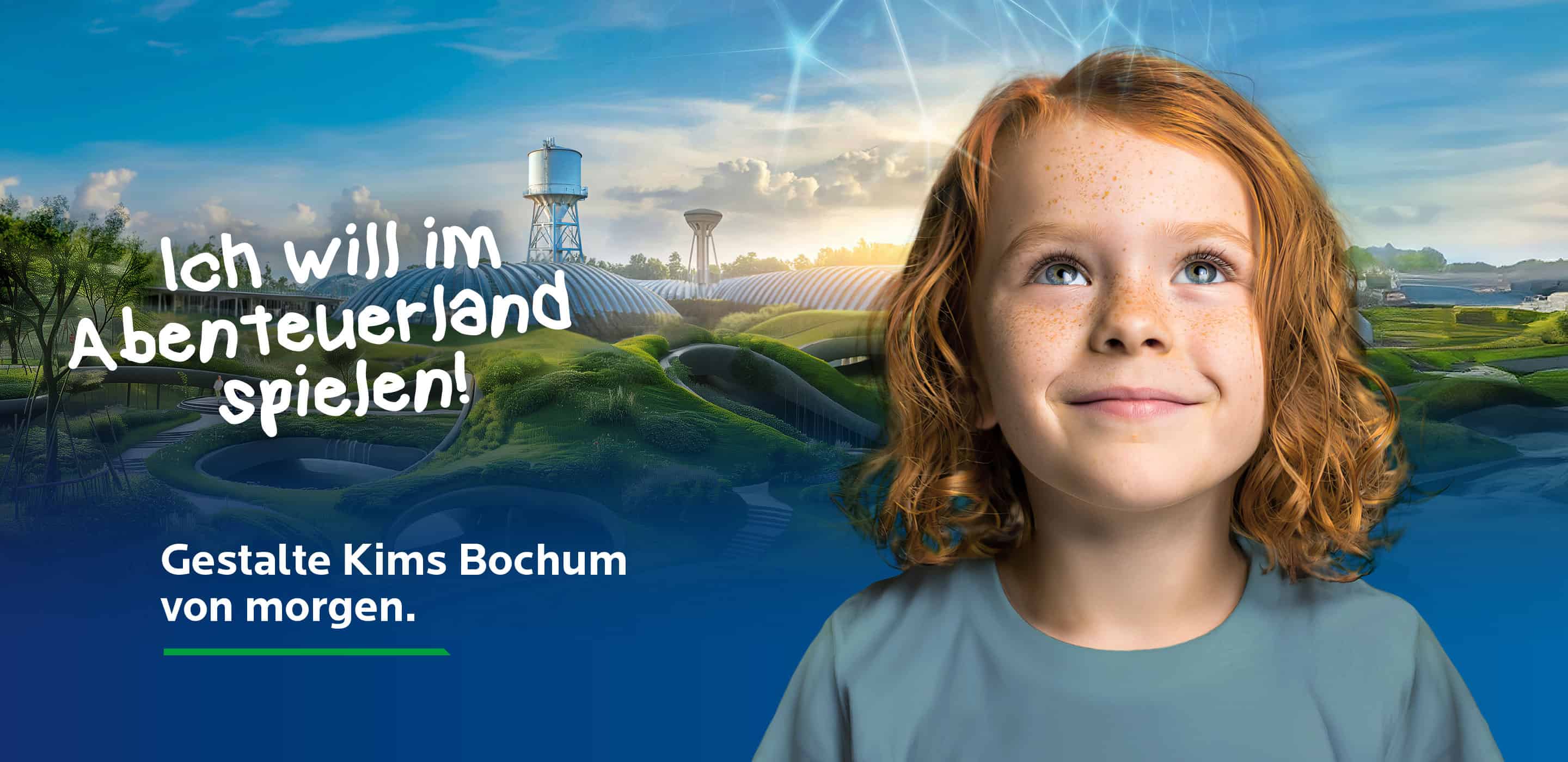 Kampagnenmotiv der Stadt Bochum mit einem Kind und einer Vision für grüne Freizeit- und Lebensräume.