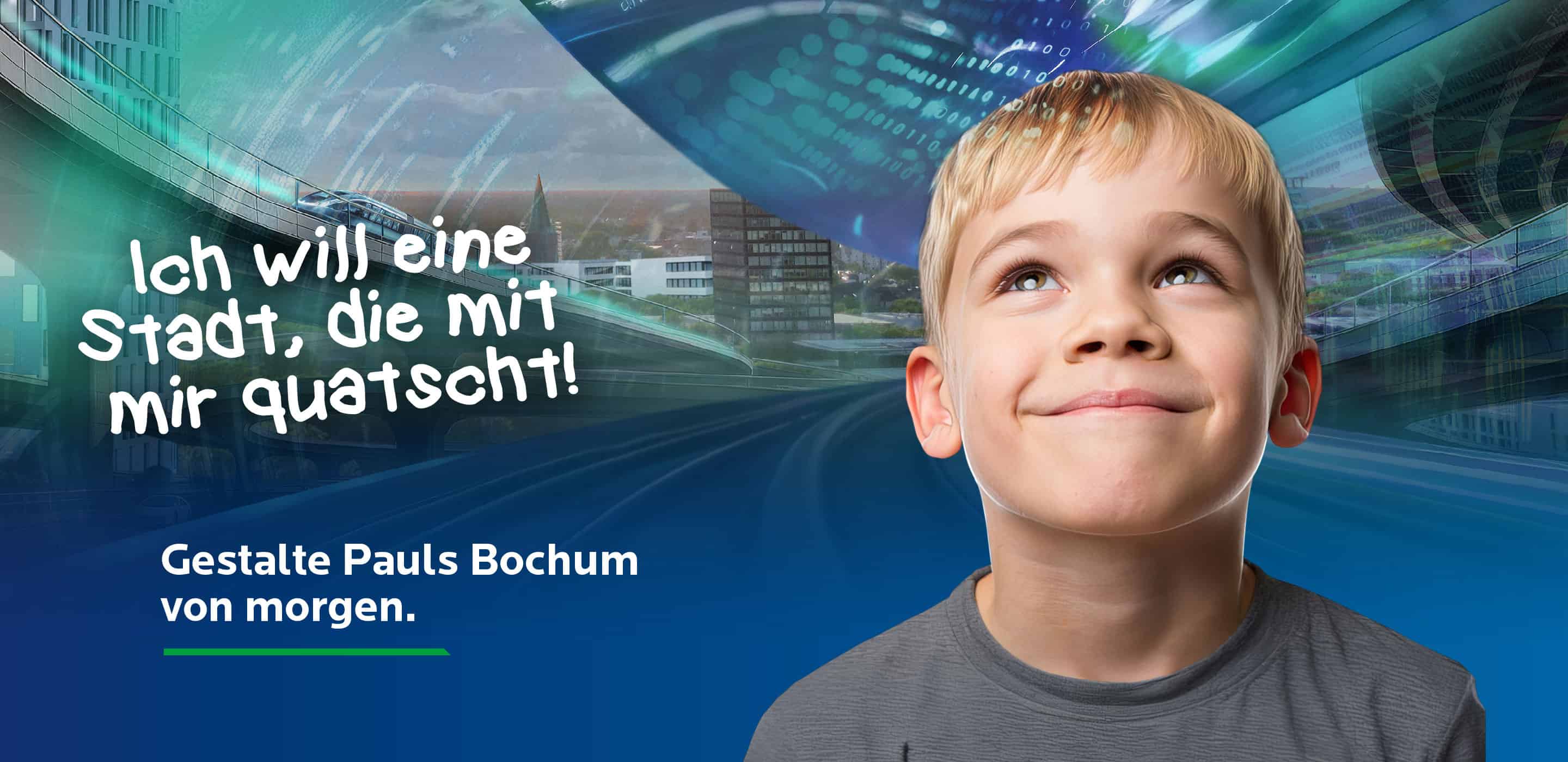 Kampagnenmotiv der Stadt Bochum mit einem Kind und einer Vision für digitale Mobilität der Zukunft.