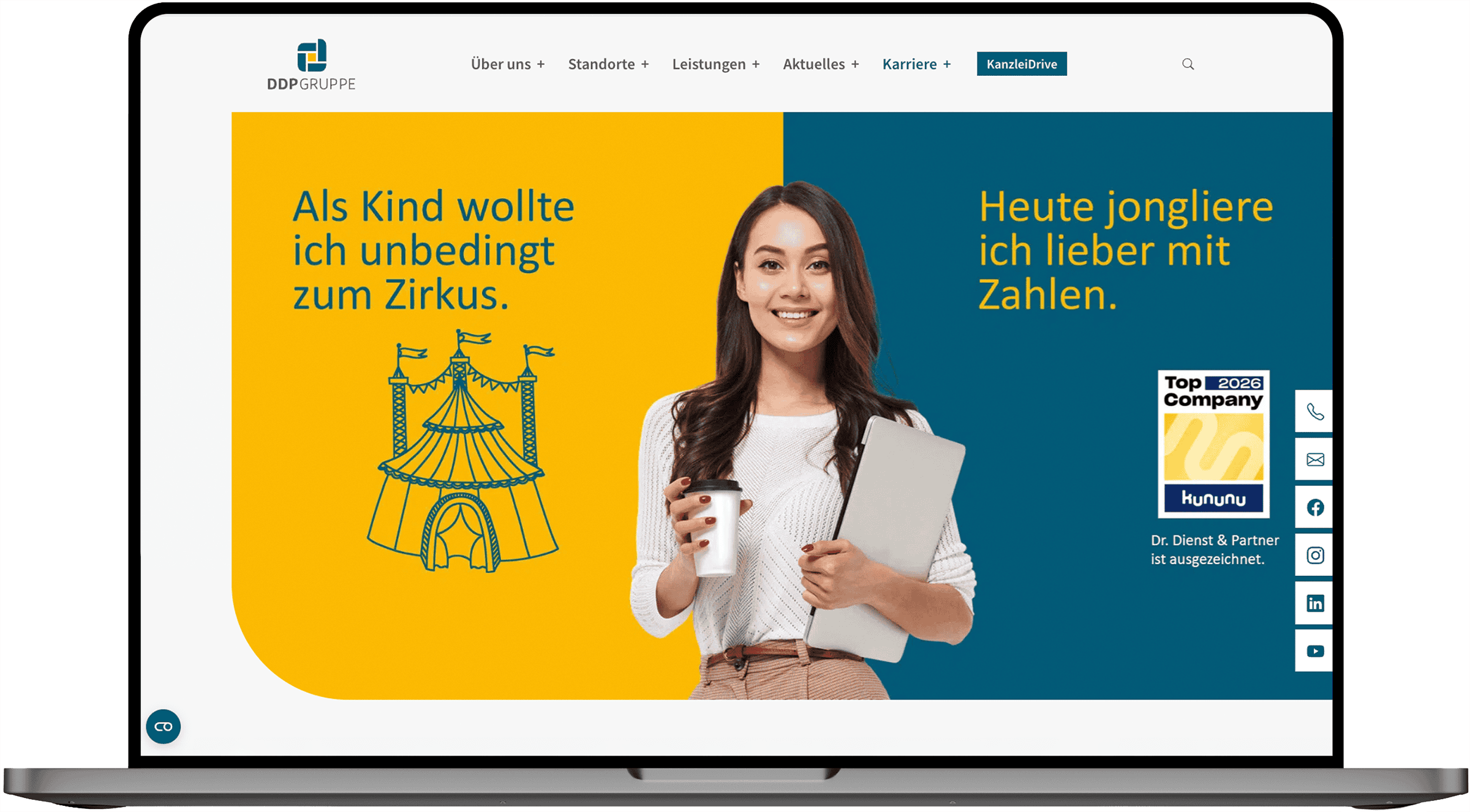 Karriereseite der DDP Gruppe mit Bewerbungskampagne und einer Mitarbeiterin vor farbigem Hintergrund.