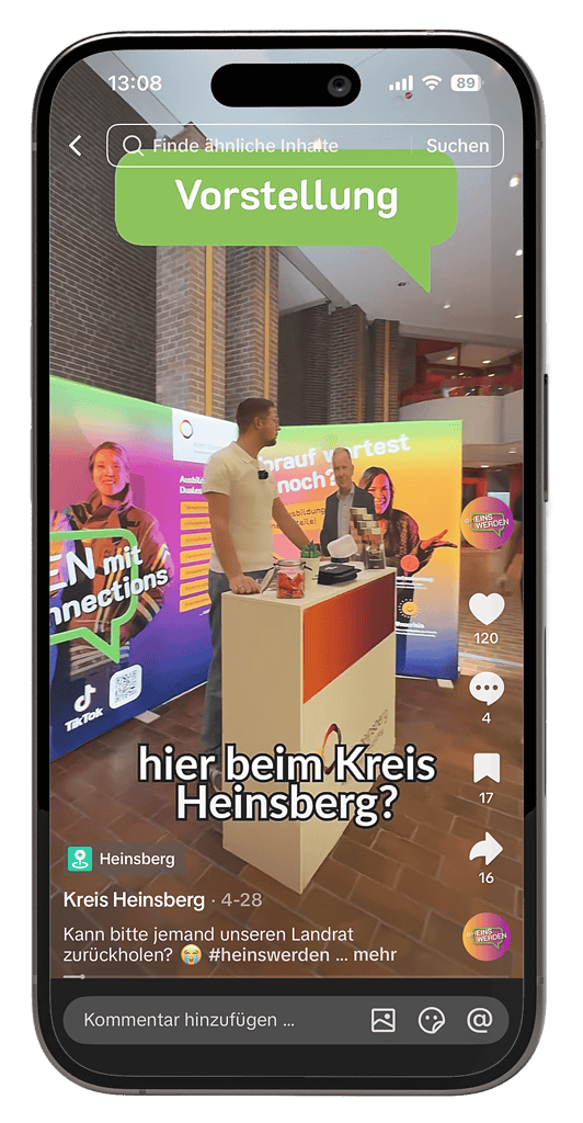 TikTok-Video des Kreises Heinsberg mit Mitarbeitenden an einem Messestand zur Vorstellung der Ausbildungsangebote.