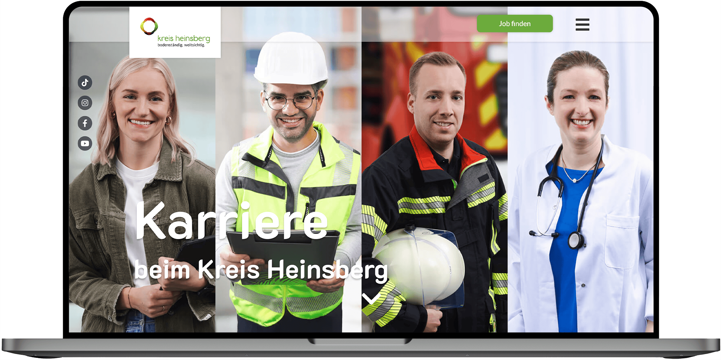 Karrierewebsite des Kreises Heinsberg mit authentischen Mitarbeitenden aus verschiedenen Berufsbereichen und einer modernen Arbeitgebermarke.