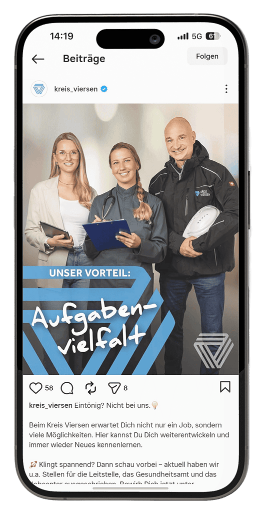 Instagram-Beitrag des Kreises Viersen mit drei Mitarbeitenden und dem Vorteil „Aufgabenvielfalt“ im Berufsalltag.