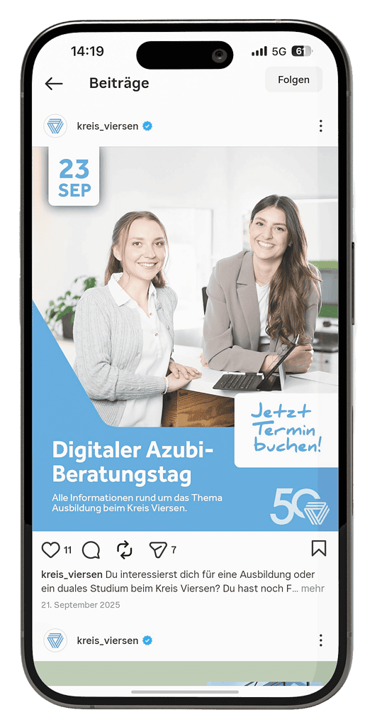 Instagram-Beitrag des Kreises Viersen zum digitalen Azubi-Beratungstag mit zwei Beraterinnen und Terminaufruf.