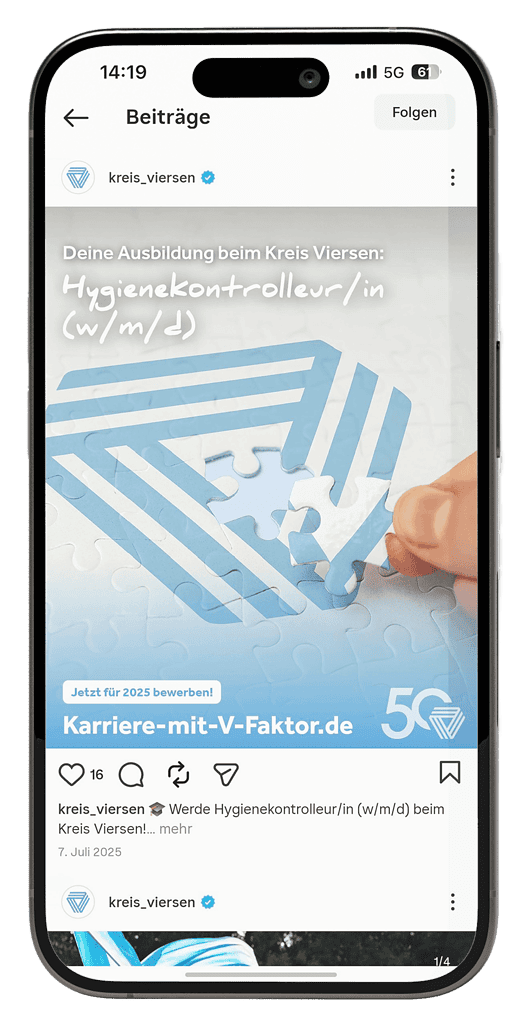 Instagram-Beitrag des Kreises Viersen zur Ausbildung als Hygienekontrolleur/in mit Puzzlemotiv und Bewerbungsaufruf.
