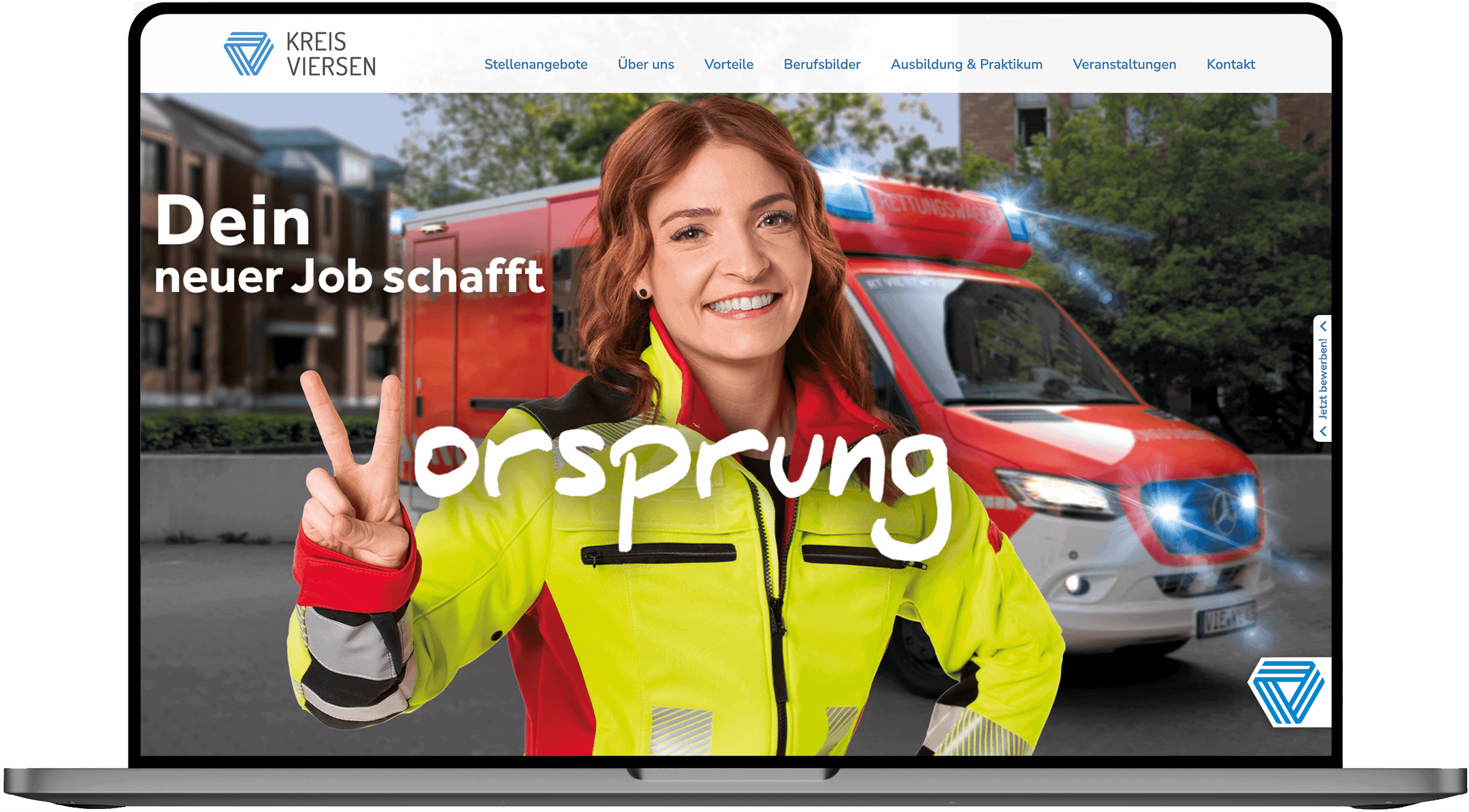 Karriereseite des Kreises Viersen mit Rettungssanitäterin vor Rettungswagen und dem Slogan „Dein neuer Job schafft Vorsprung“.
