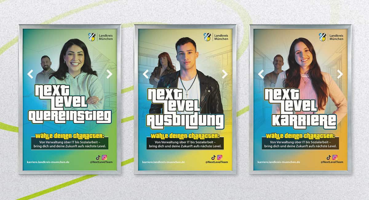 Drei Werbeplakate des Landkreises München für Quereinstieg, Ausbildung und Karriere im Gaming-Look.