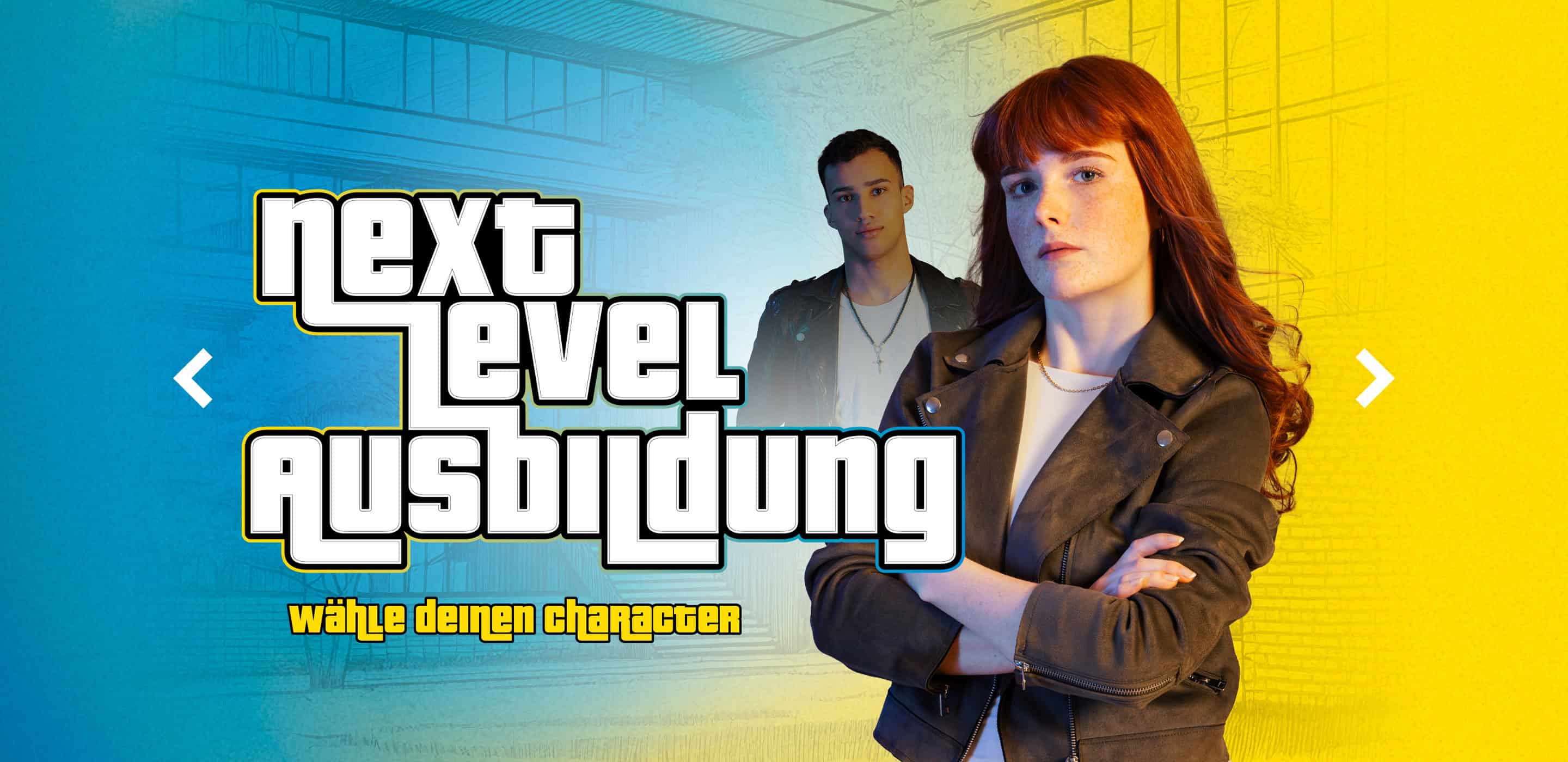 Grafik im Gaming-Stil mit der Figur „Next Level Ausbildung“ und dem Aufruf „Wähle deinen Charakter“.