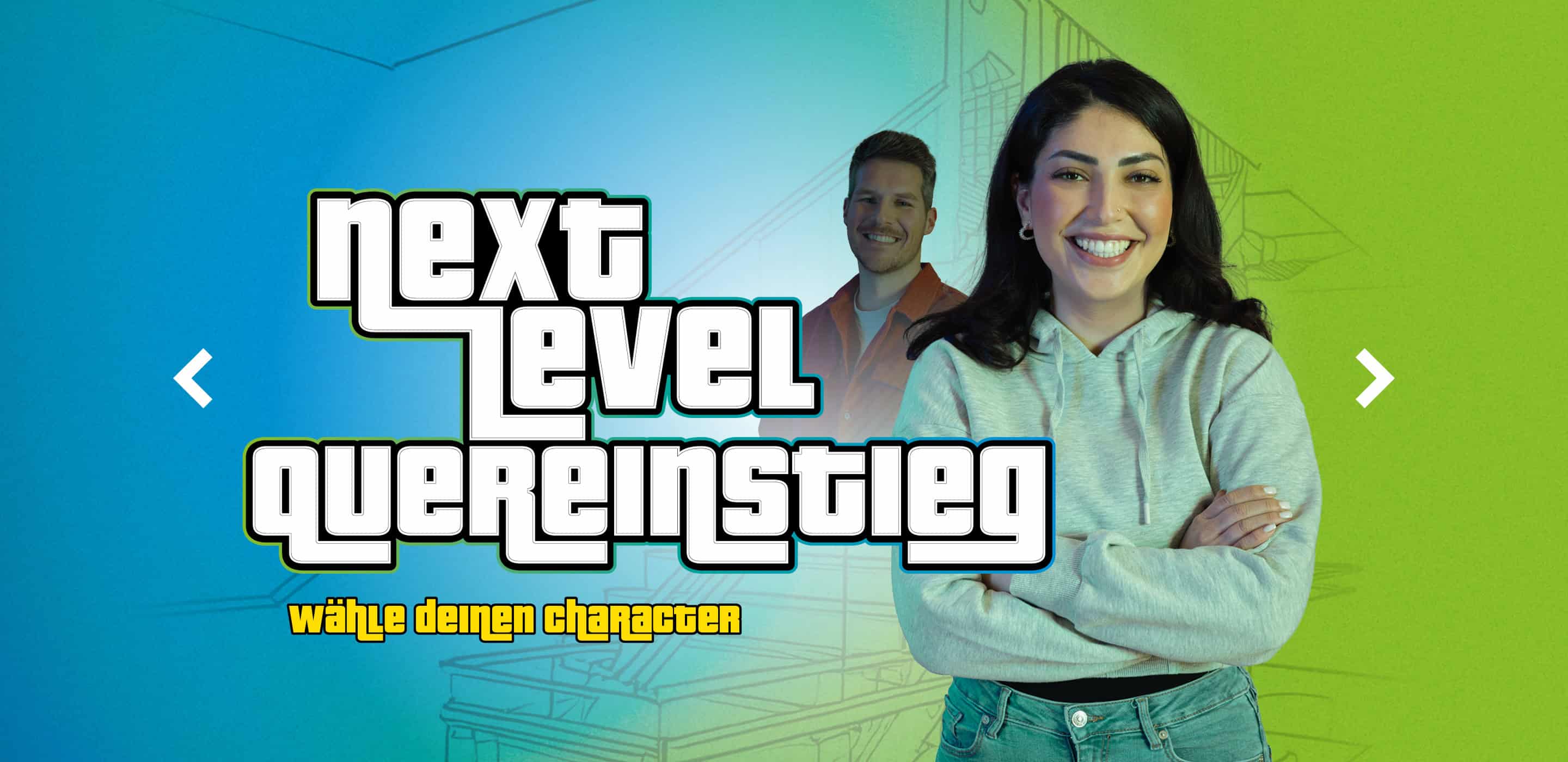 Grafik im Gaming-Stil mit der Figur „Next Level Quereinstieg“ und dem Aufruf „Wähle deinen Charakter“.