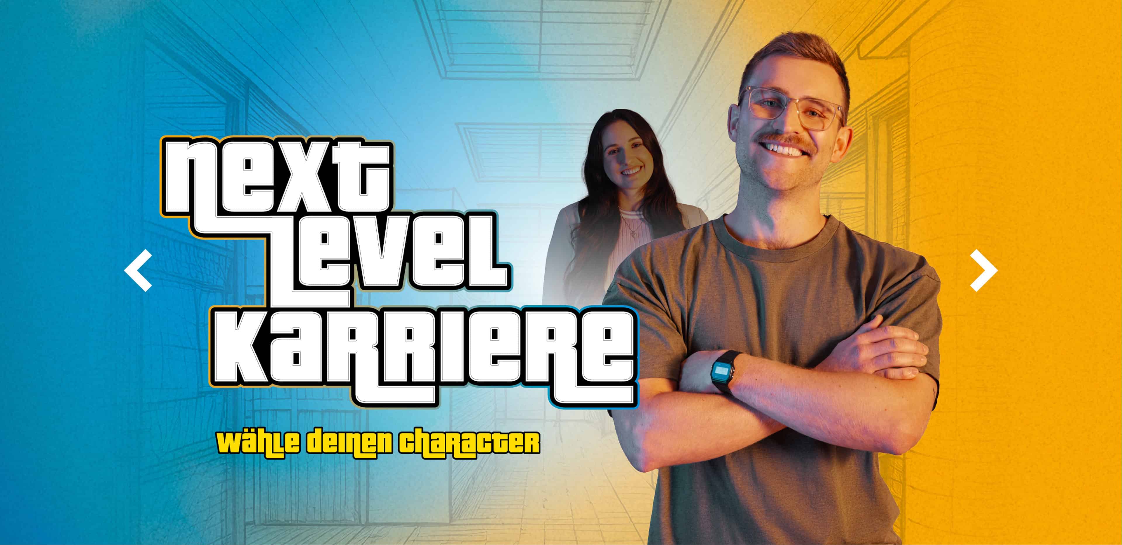 Grafik im Gaming-Stil mit der Figur „Next Level Karriere“ und dem Aufruf „Wähle deinen Charakter“.