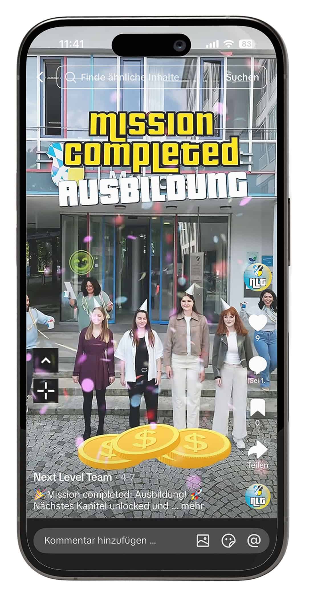 TikTok-Video des Next Level Teams mit Auszubildenden vor dem Landratsamt und „Mission Completed Ausbildung“-Animation.