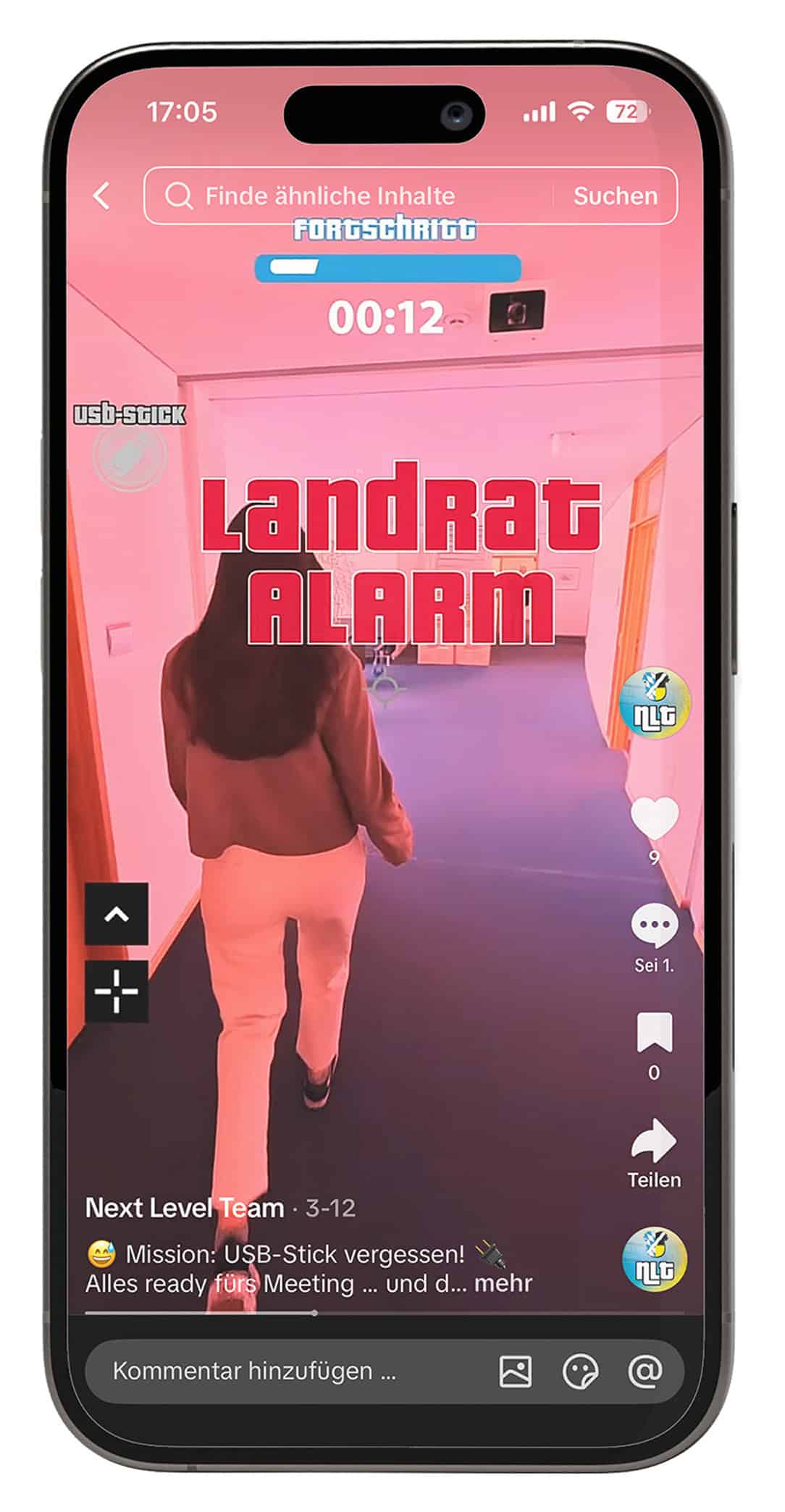 TikTok-Video des Next Level Teams mit Mitarbeiterin im Büroflur und humorvoller „Landrat Alarm“-Mission.
