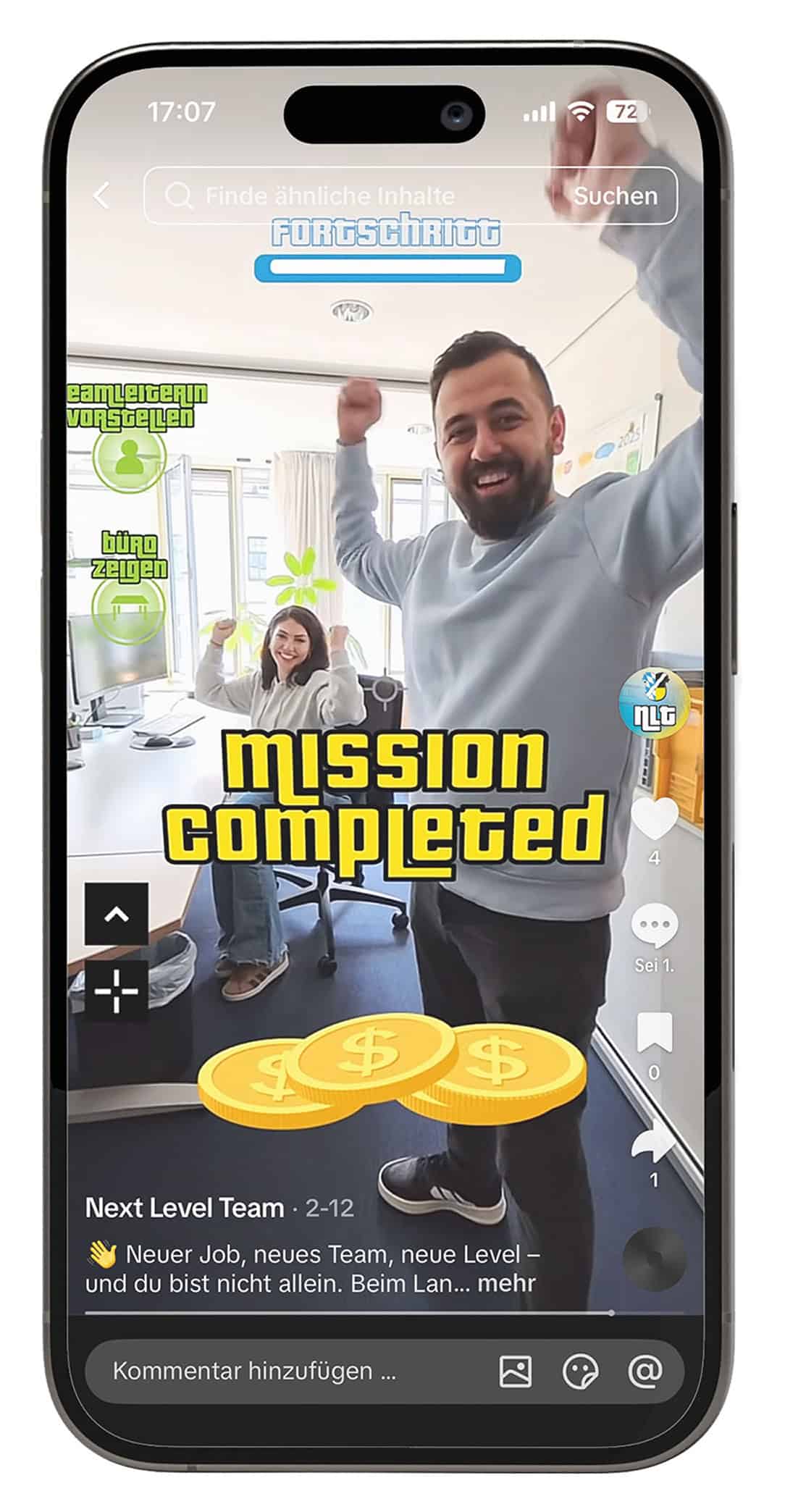 TikTok-Video des Next Level Teams mit zwei jubelnden Mitarbeitenden im Büro und spielerischer „Mission Completed“-Szene.