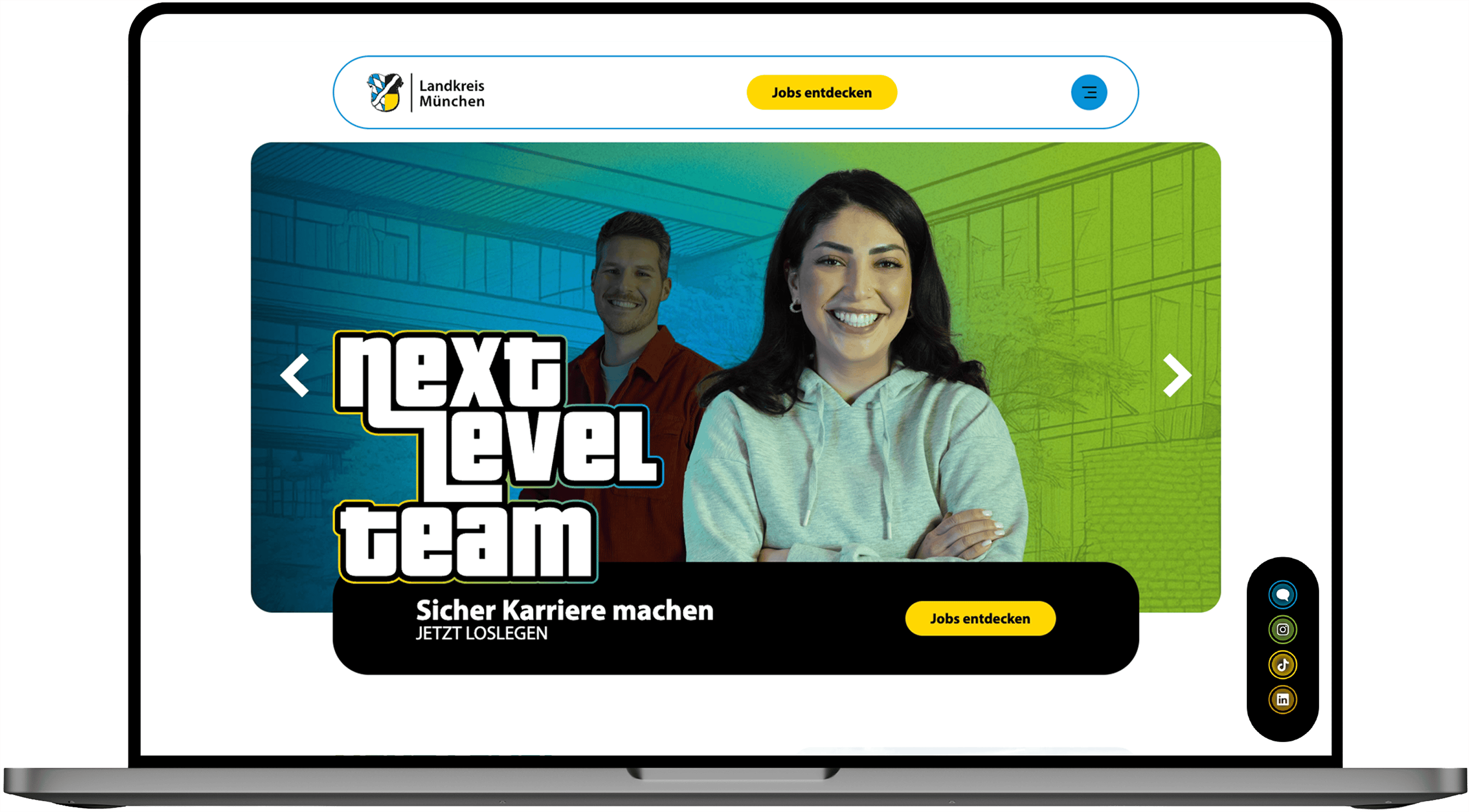 Karrierewebsite des Landkreises München mit „Next Level Team“, jungen Mitarbeitenden und Button zur Jobsuche.