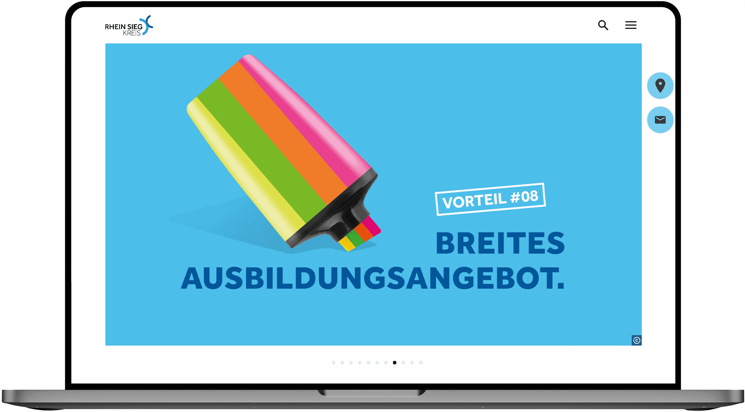 Screenshot der Karriereseite des Rhein-Sieg-Kreises mit einem Motiv zum breiten Ausbildungsangebot.