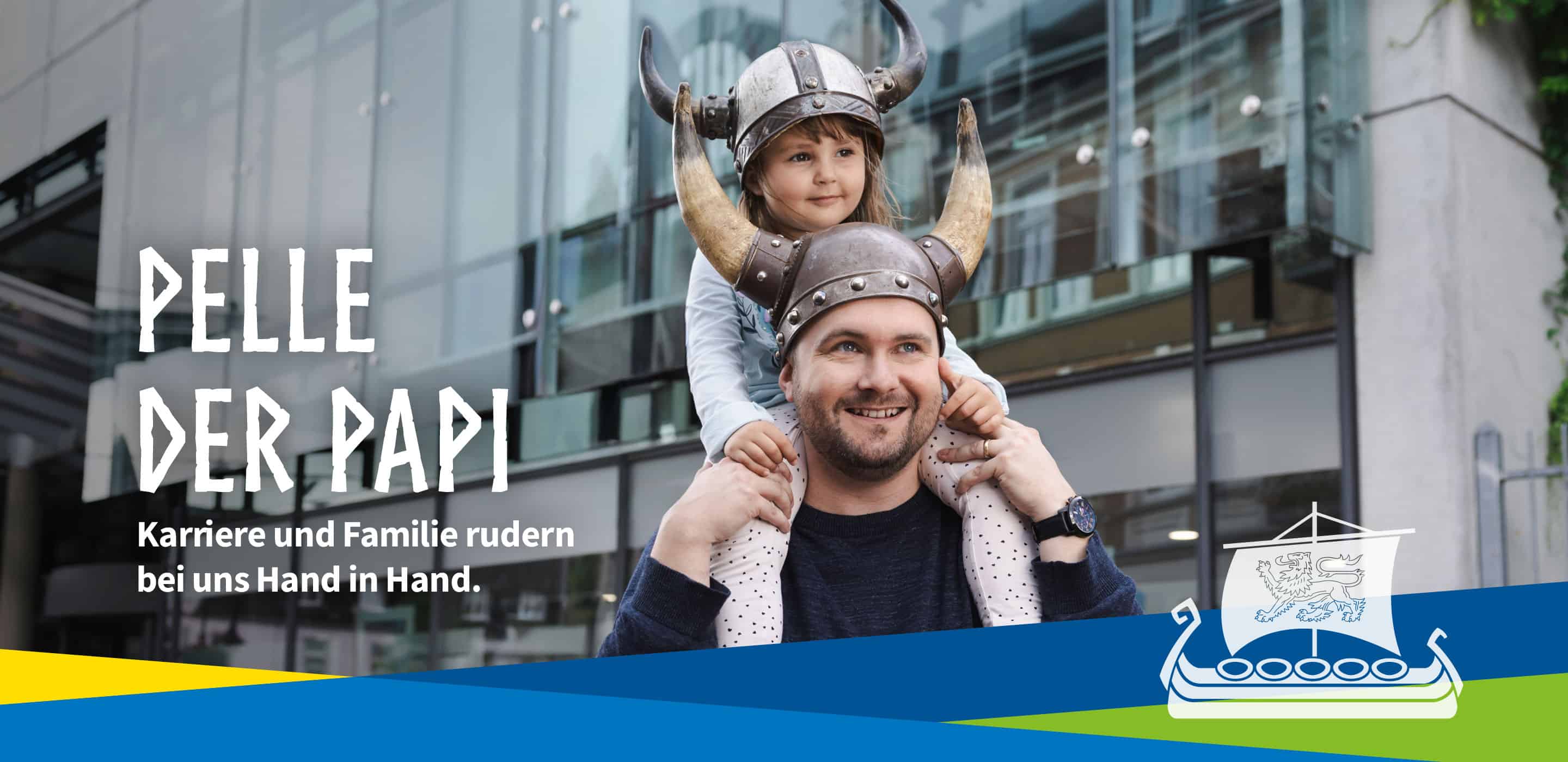 Kampagnenmotiv des Landes Schleswig-Holstein mit Vater und Kind als Symbol für die Vereinbarkeit von Familie und Beruf.