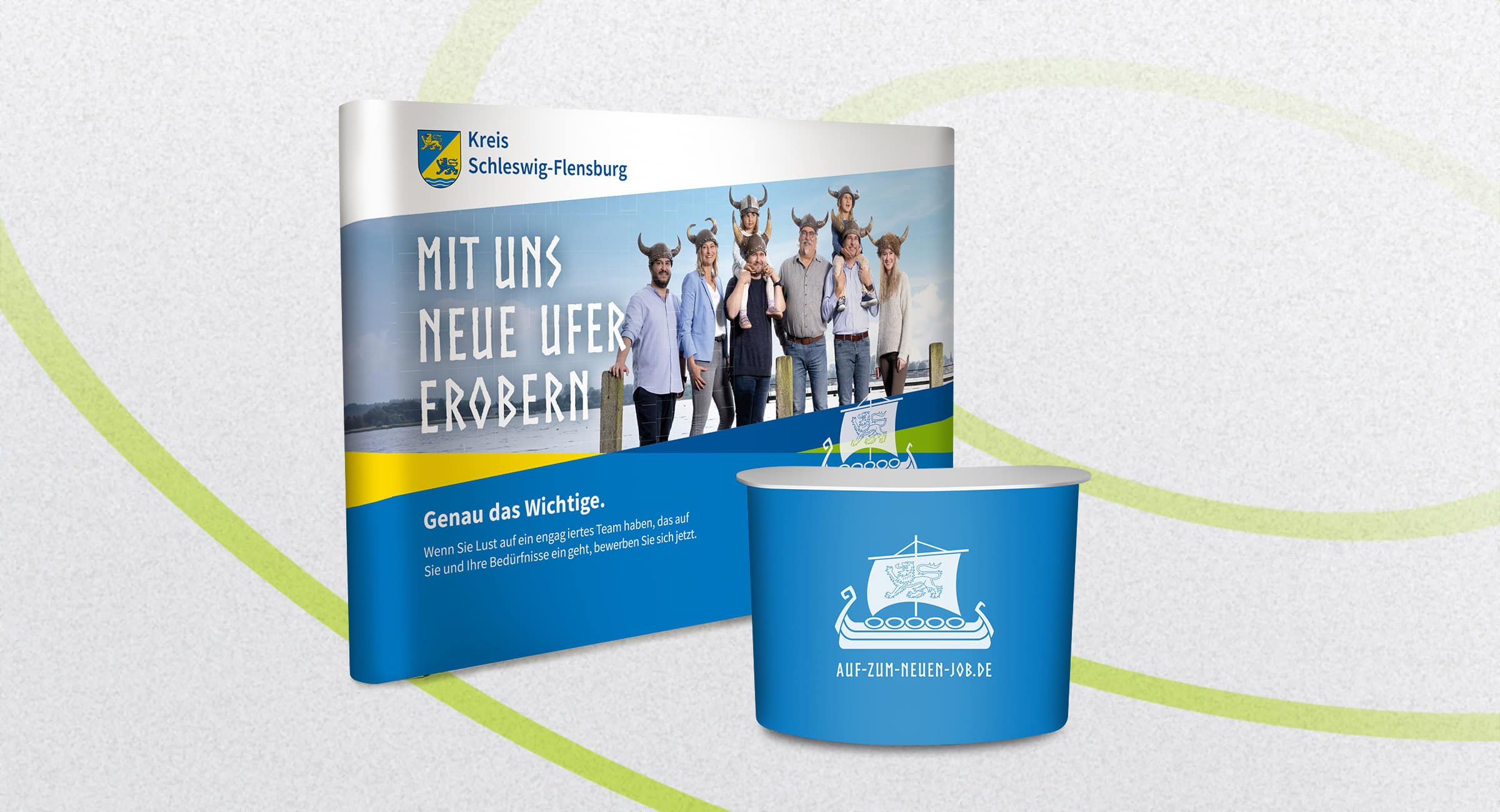 Visualisierung eines Messestands des Kreises Schleswig-Flensburg mit Arbeitgeberkampagne und Infotheke.