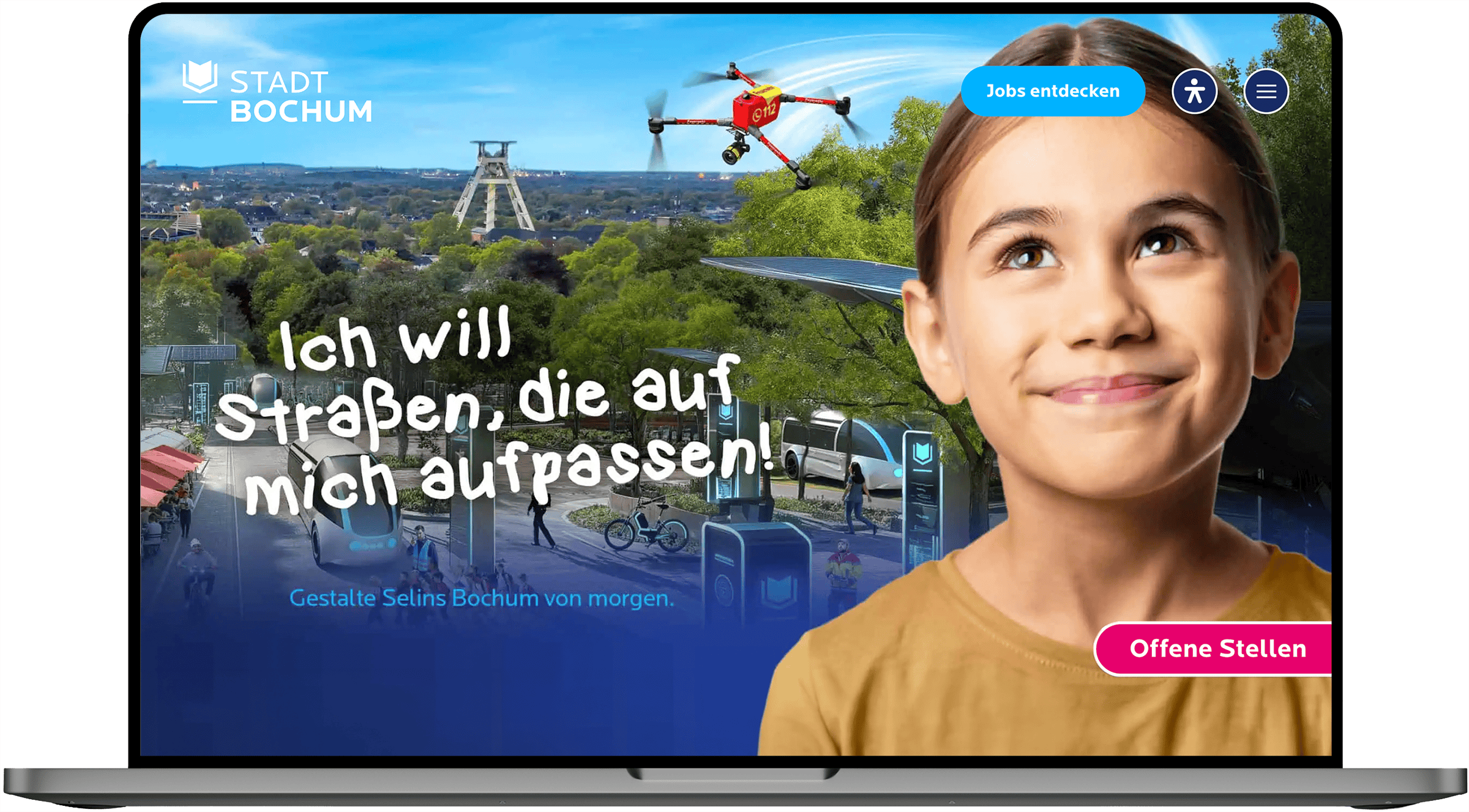 Screenshot der Karriereseite der Stadt Bochum mit einer Zukunftsvision für Mobilität und Stadtentwicklung.