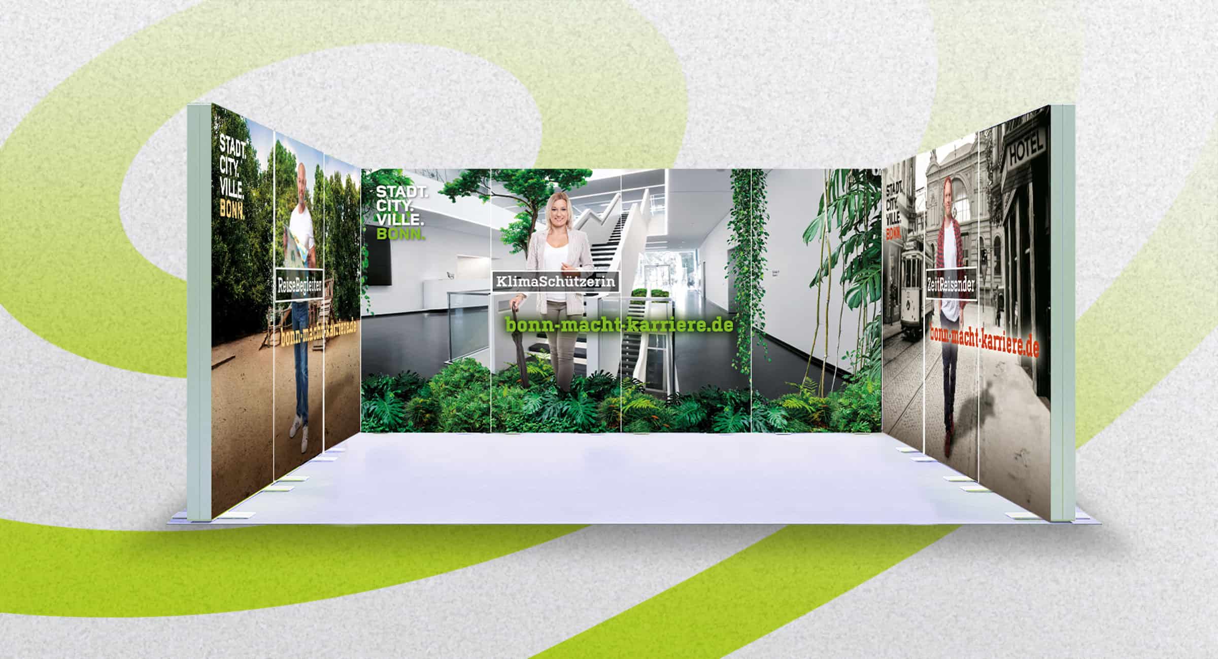 Visualisierung des Messestands der Arbeitgeberkampagne Bonn mit Motiven und Verweis auf die Karriere-Website.