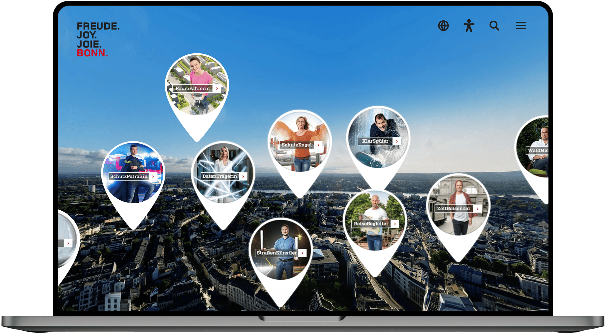 Screenshot der Startseite des Karriereportals der Bundesstadt Bonn mit interaktiven Berufsprofilen.