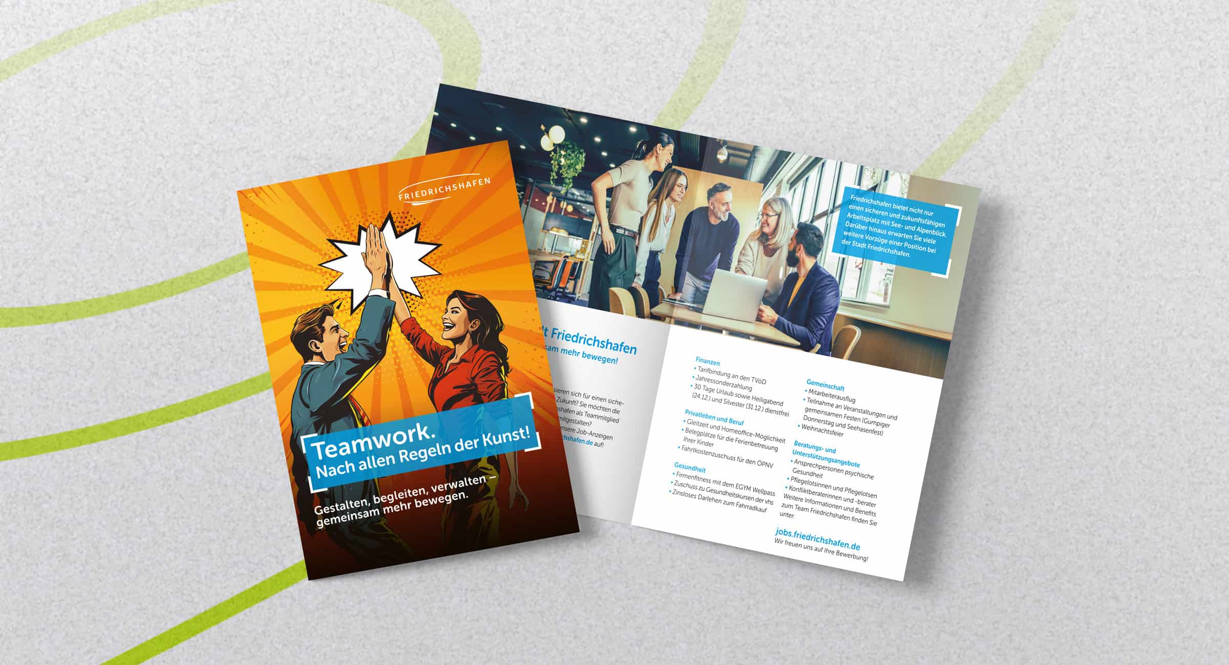 Recruiting-Flyer der Stadt Friedrichshafen mit aufmerksamkeitsstarkem Design und einer Übersicht der Arbeitgebervorteile sowie Karrieremöglichkeiten.