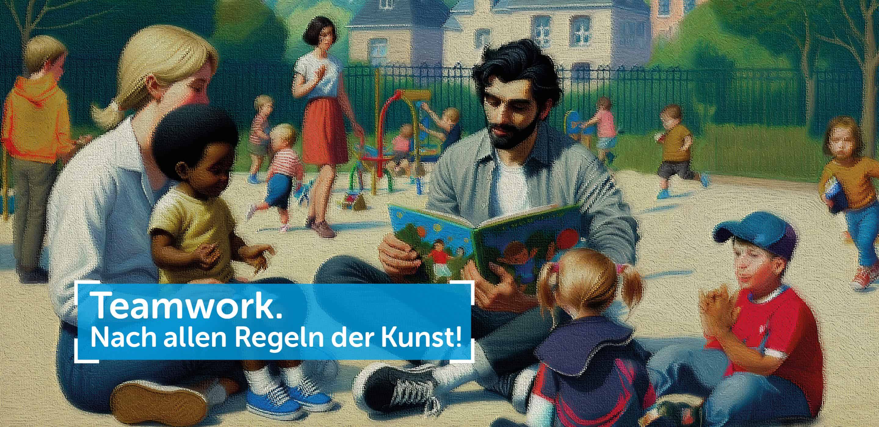 Illustration einer Vorlesesituation auf dem Spielplatz, die Teamarbeit und gemeinsame Kinderbetreuung zeigt.