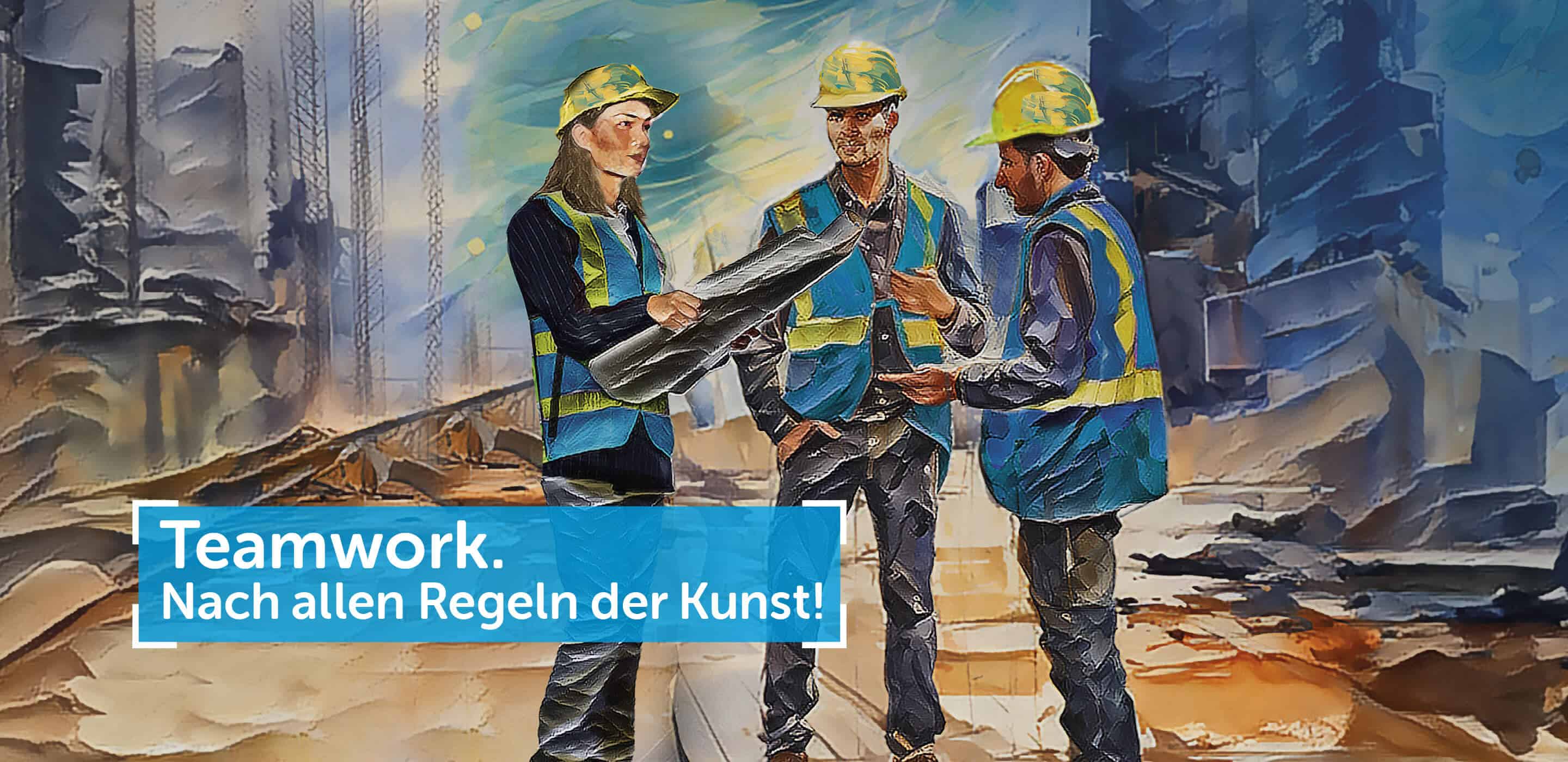 Illustration von drei Personen mit Schutzhelmen und Warnwesten auf einer Baustelle, die gemeinsam Baupläne besprechen. Der Slogan „Teamwork. Nach allen Regeln der Kunst!“ hebt den Fokus auf Zusammenarbeit hervor.