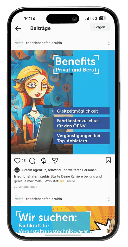 Instagram-Beitrag der Stadt Friedrichshafen, der die Benefits einer Ausbildung oder Karriere mit flexiblen Arbeitsbedingungen und attraktiven Zusatzleistungen hervorhebt.