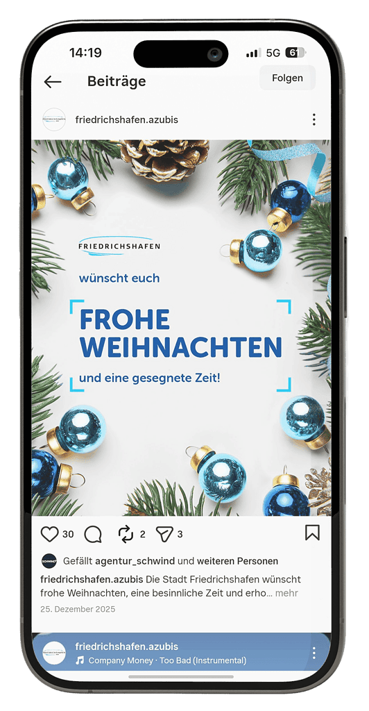 Weihnachtlicher Instagram-Beitrag der Stadt Friedrichshafen mit festlichen Grüßen im Corporate Design für die Azubi-Kampagne.