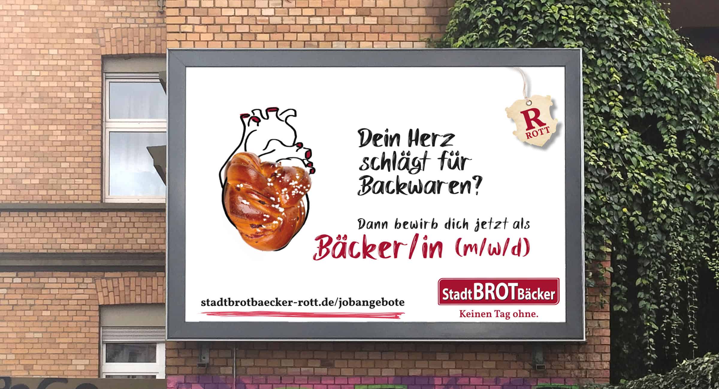 Werbeplakat des Stadtbrotbäckers Rott für die Stelle als Bäcker/in (m/w/d) mit herzförmigem Gebäck.