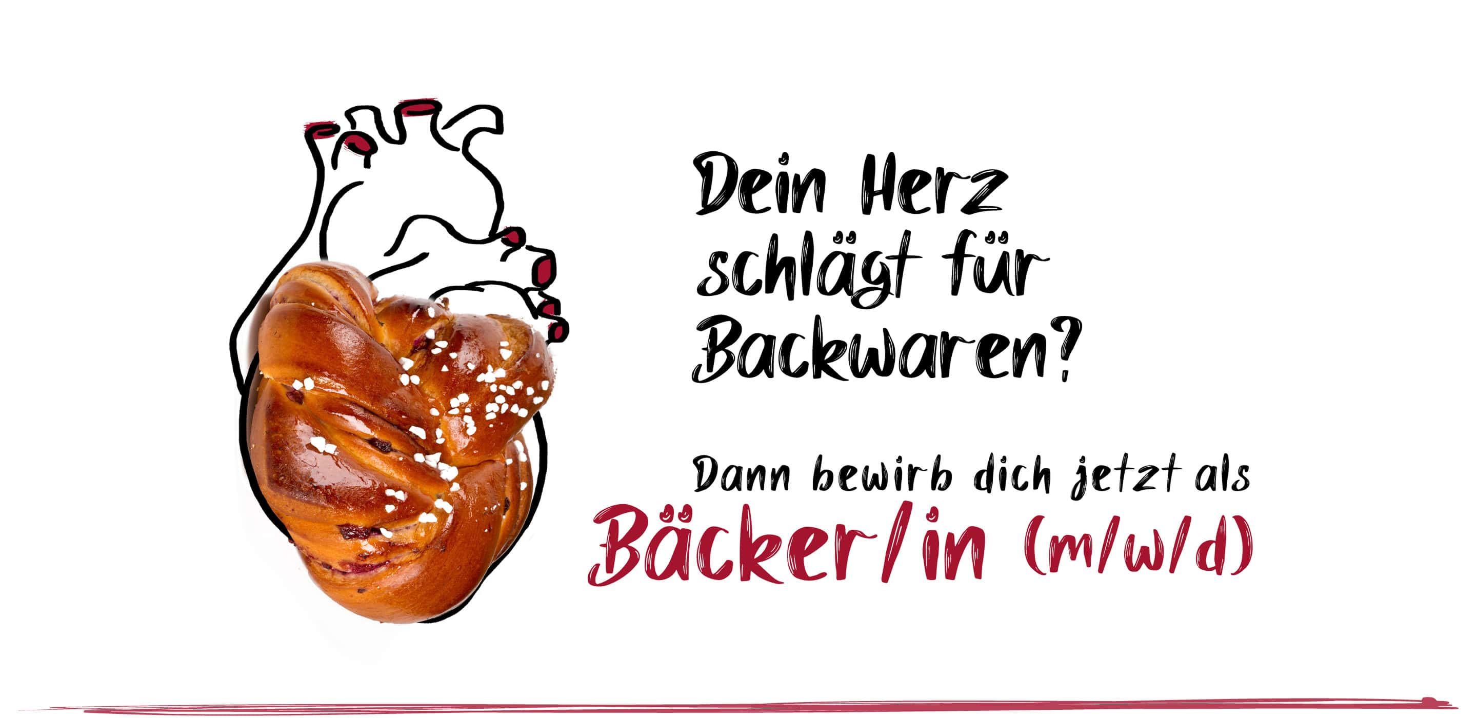 Stellenanzeige der StadtBROTbäcker für Bäcker:innen mit herzförmigem Gebäck und kreativem Herzmotiv.
