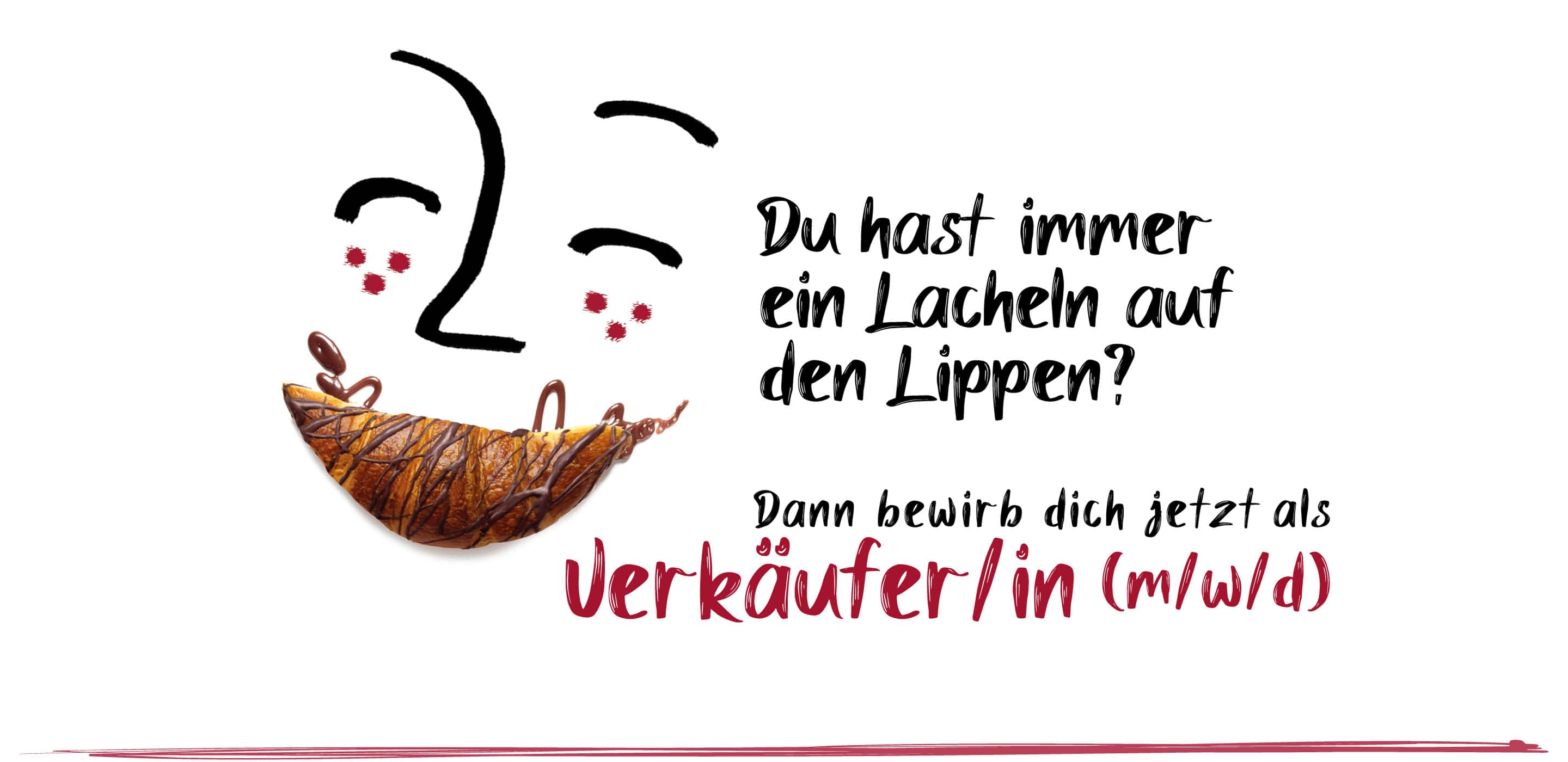 Stellenanzeige der StadtBROTbäcker für Verkäufer:innen mit Croissant als lächelndem Gesicht und kreativem Motiv.