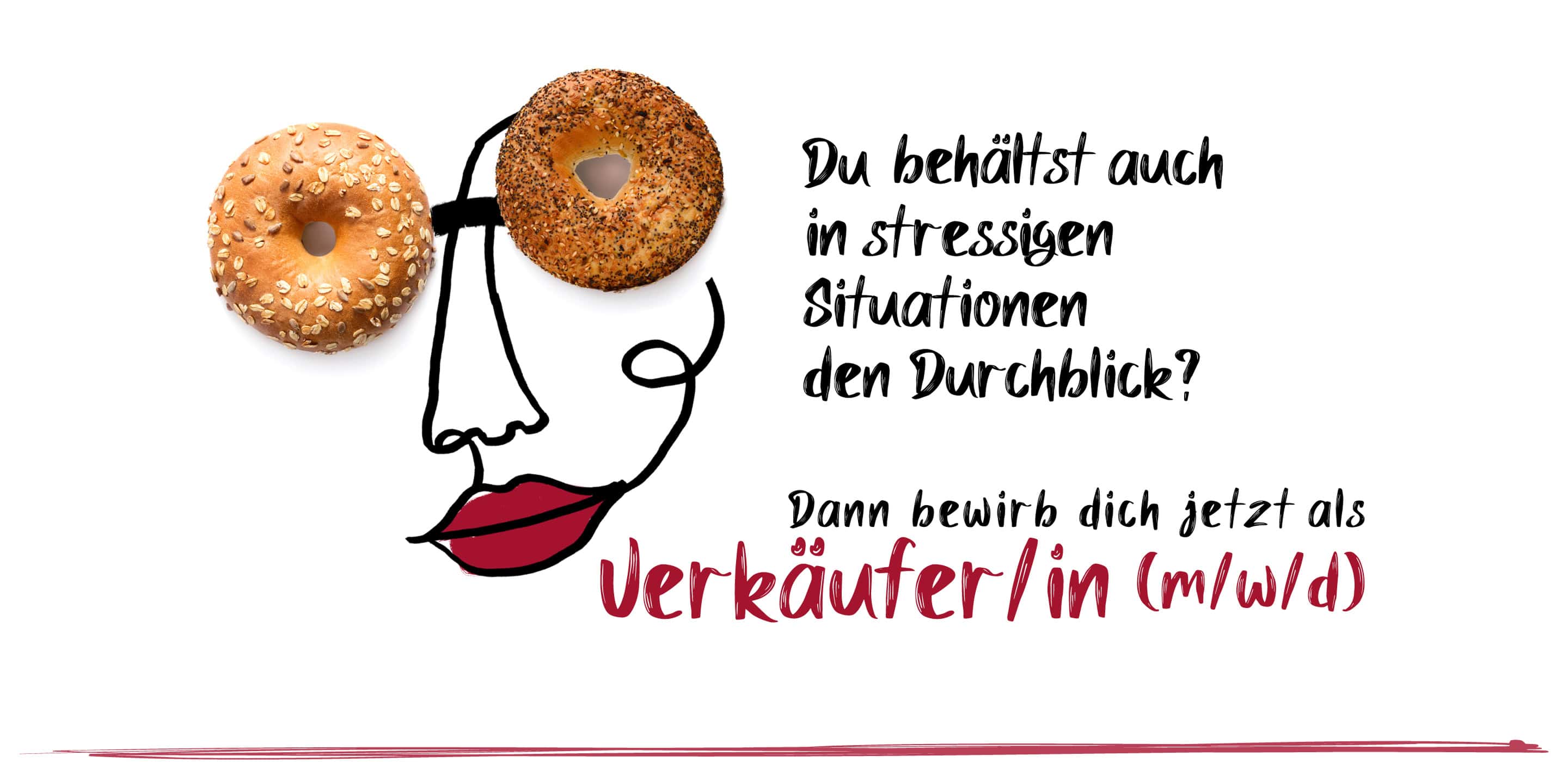 Stellenanzeige der StadtBROTbäcker für Verkäufer:innen mit Bagels als Gesicht und kreativem Motiv für Überblick.