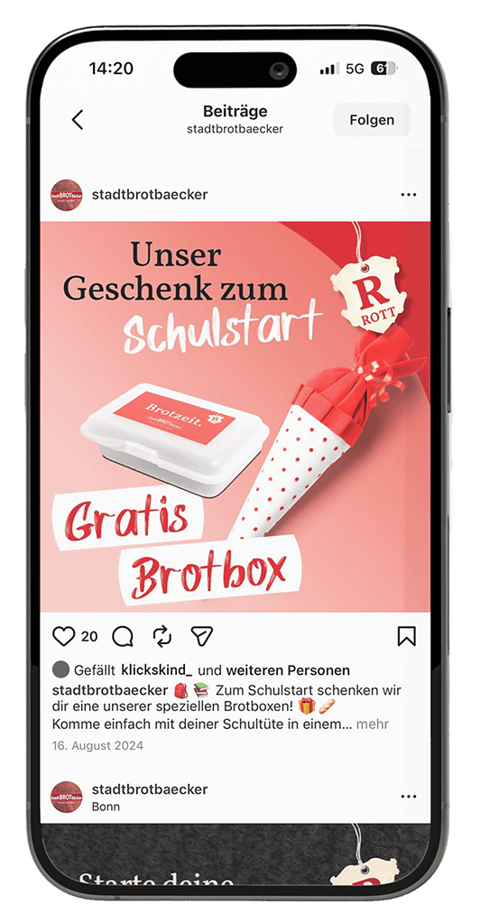Instagram-Beitrag der StadtBROTbäcker zum Schulstart mit kostenloser Brotbox und Schultüte als Geschenk.