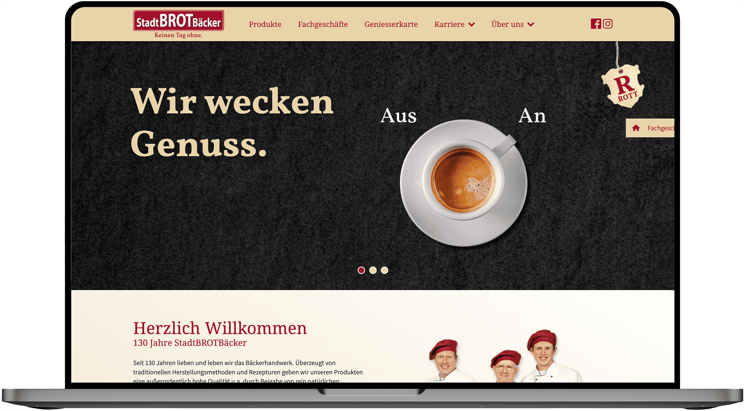 Startseite des Stadtbrotbäckers Rott mit Kaffeetasse, Slogan „Wir wecken Genuss.“ und Unternehmensnavigation.