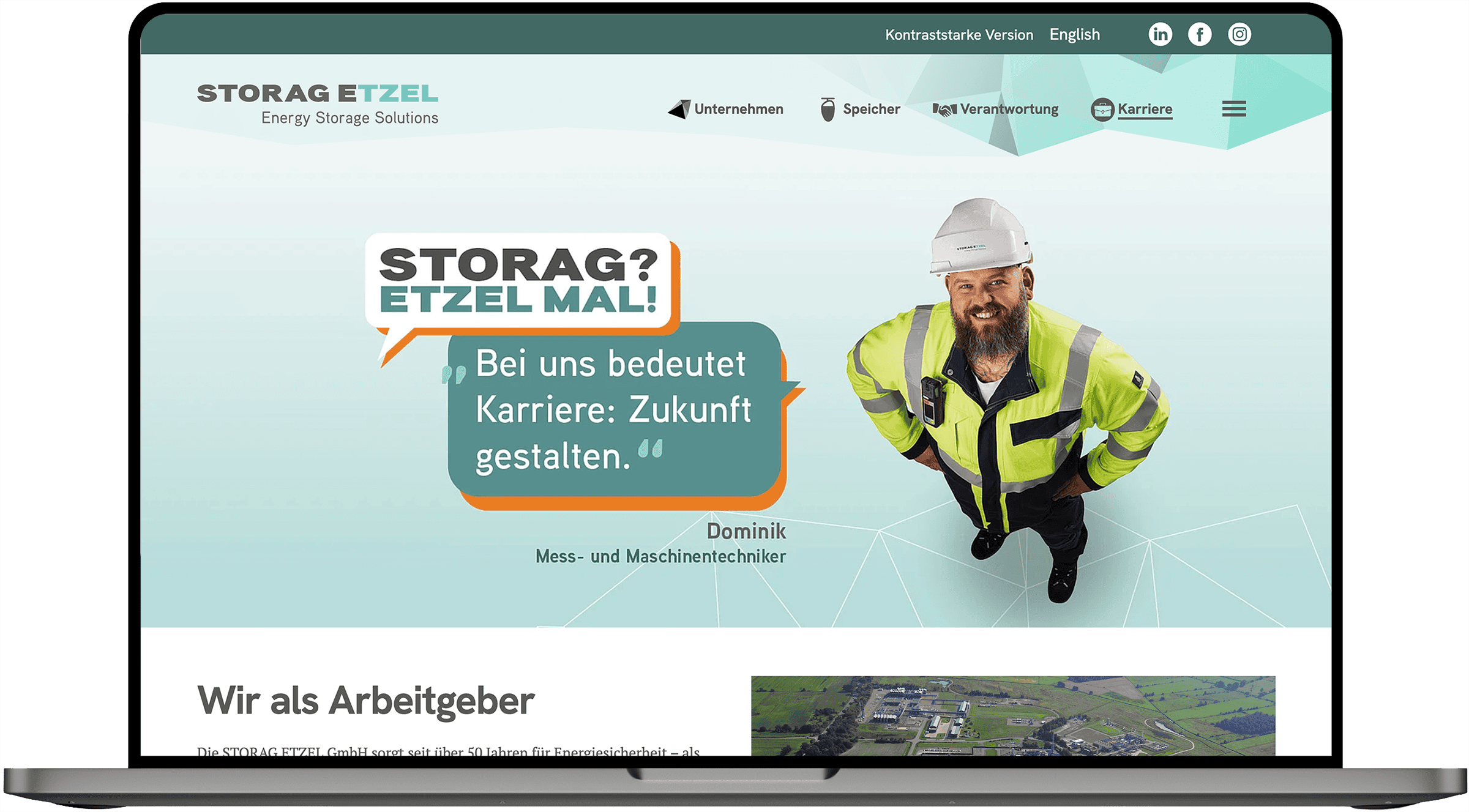 Karriereseite von STORAG ETZEL mit Mitarbeiter in Schutzkleidung und Informationen zum Arbeitgeber.