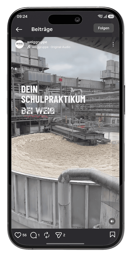 Instagram-Reel der WEIG Gruppe mit Einblicken in die Papierproduktion und Informationen zum Schulpraktikum.