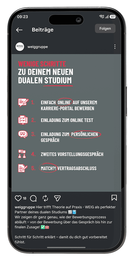 Instagram-Beitrag der WEIG Gruppe mit einer Übersicht des Bewerbungsprozesses für ein duales Studium.