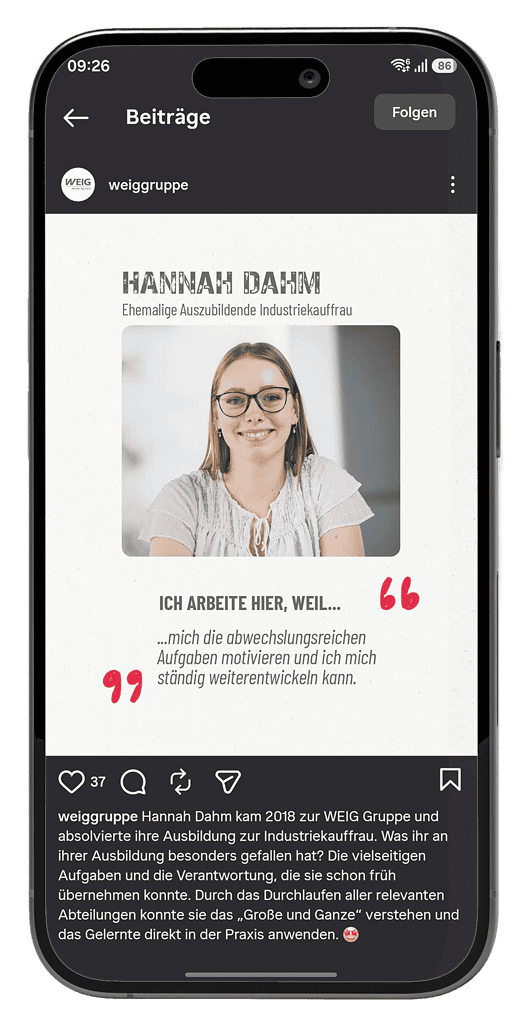 Instagram-Beitrag der WEIG Gruppe mit einer ehemaligen Auszubildenden und ihrem persönlichen Karriere-Statement.
