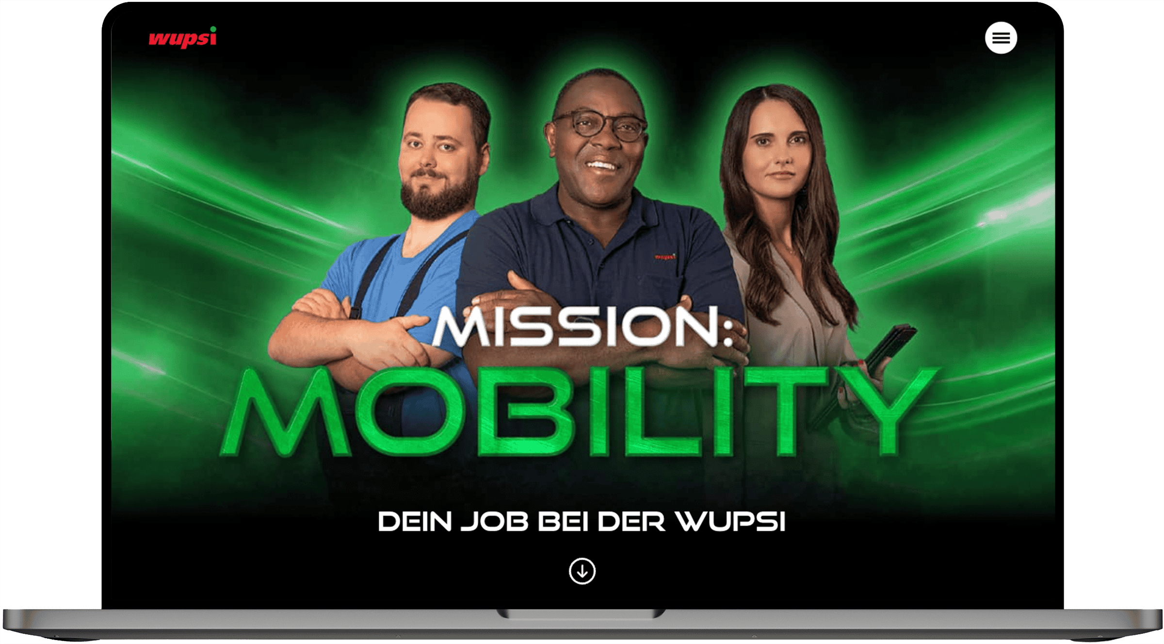 Karrierewebsite der wupsi mit drei Mitarbeitenden und dem Slogan „Mission: Mobility“ als zentrales Kampagnenmotiv.
