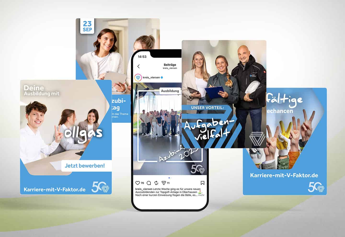 Social-Media-Beiträge des Kreises Viersen auf Smartphone und Karten mit Einblicken in Ausbildung und Karriere.