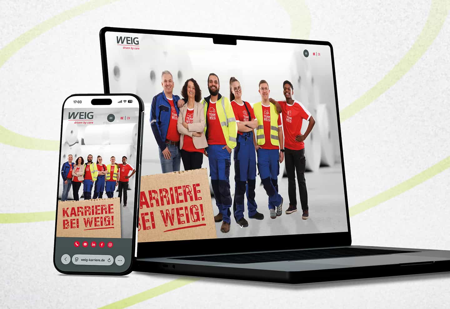Laptop und Smartphone zeigen die WEIG-Karriereseite mit einem Teamfoto und responsiver Darstellung.